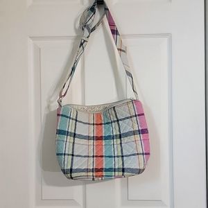 Vera Bradley bucket crossbody bag in pastel plaid/flower print inside